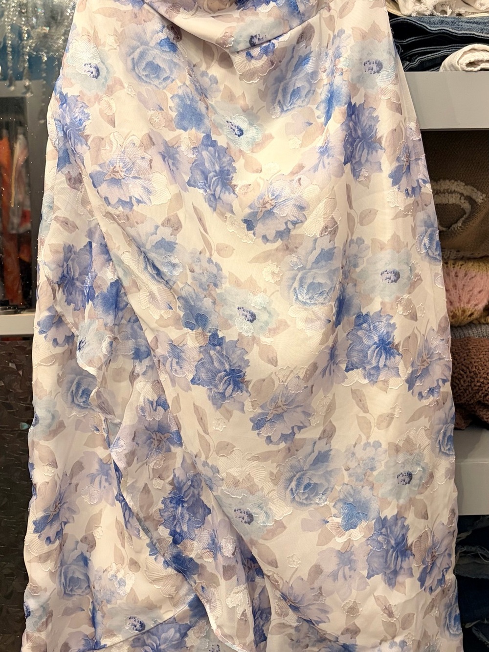 Altar'd State Strapless Floral Midi Dress in Blue and Cream